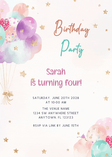 Kids Birthday Invitations - Pastel balloons