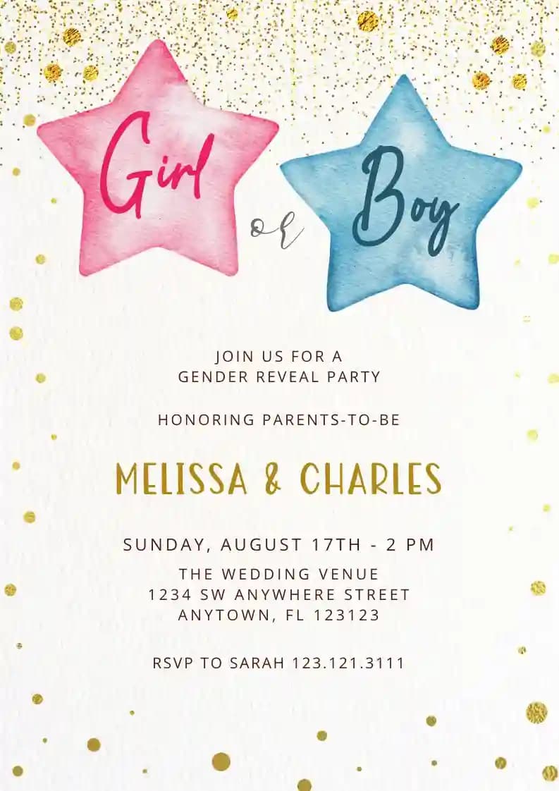 Gender reveal -kutsut - Glitter tähdet