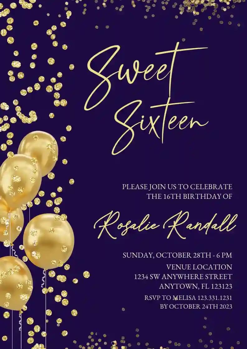 Teens Birthday Invitations - Gold Glitter Balloon