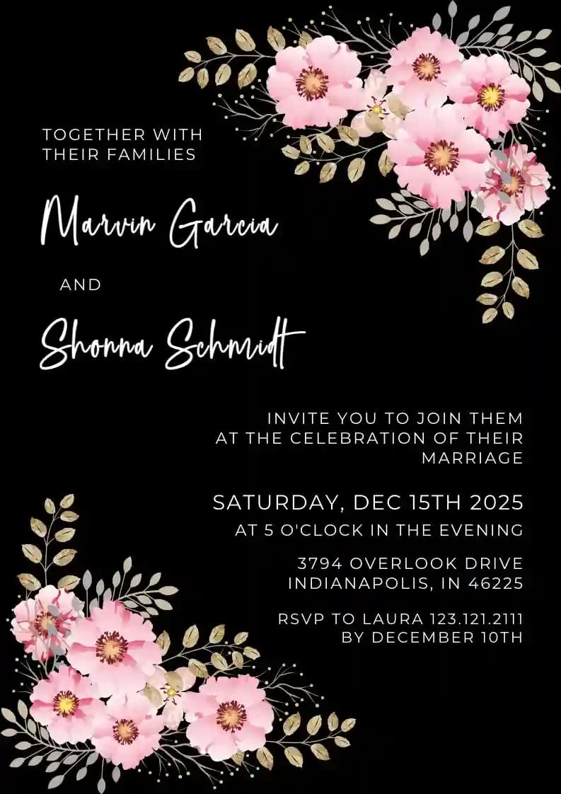 Wedding Invitations - Wedding Template Black With Pink Floral