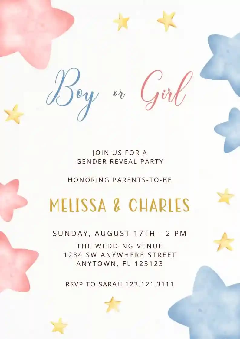 Undangan Gender Reveal - Bintang Merah Muda Atau Biru