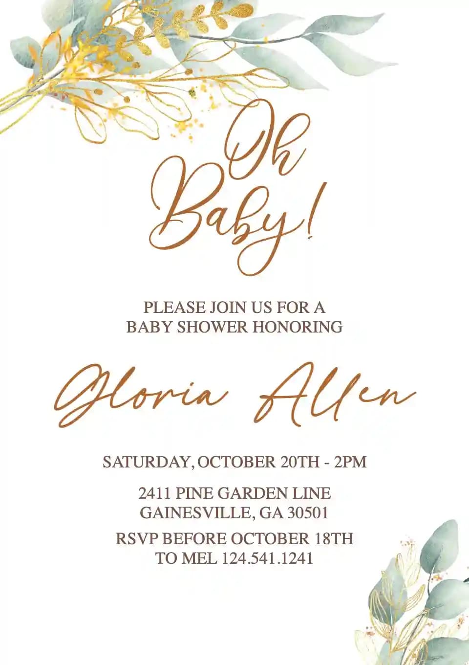 Baby Shower Invitations - Gold Greenery