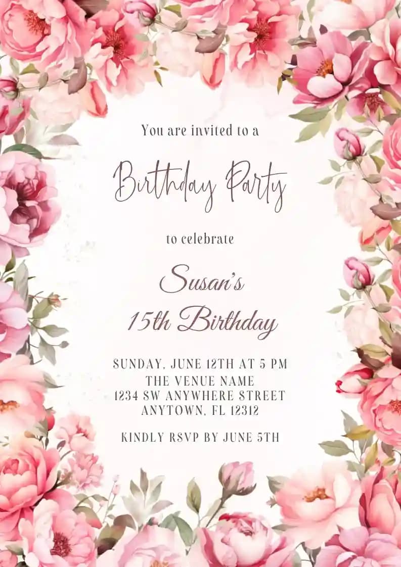 Invitaciones De Cumpleaños Para Adolescentes - Flor Rosa Ruborizada