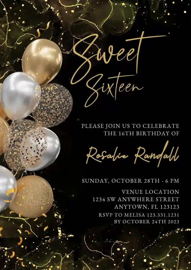 Teens Birthday Invitations - Gold Glitter Balloon