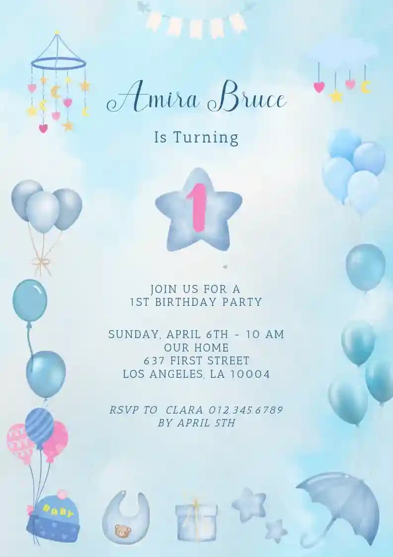 Invitaciones Para El Primer Cumpleaños - Globos Azules