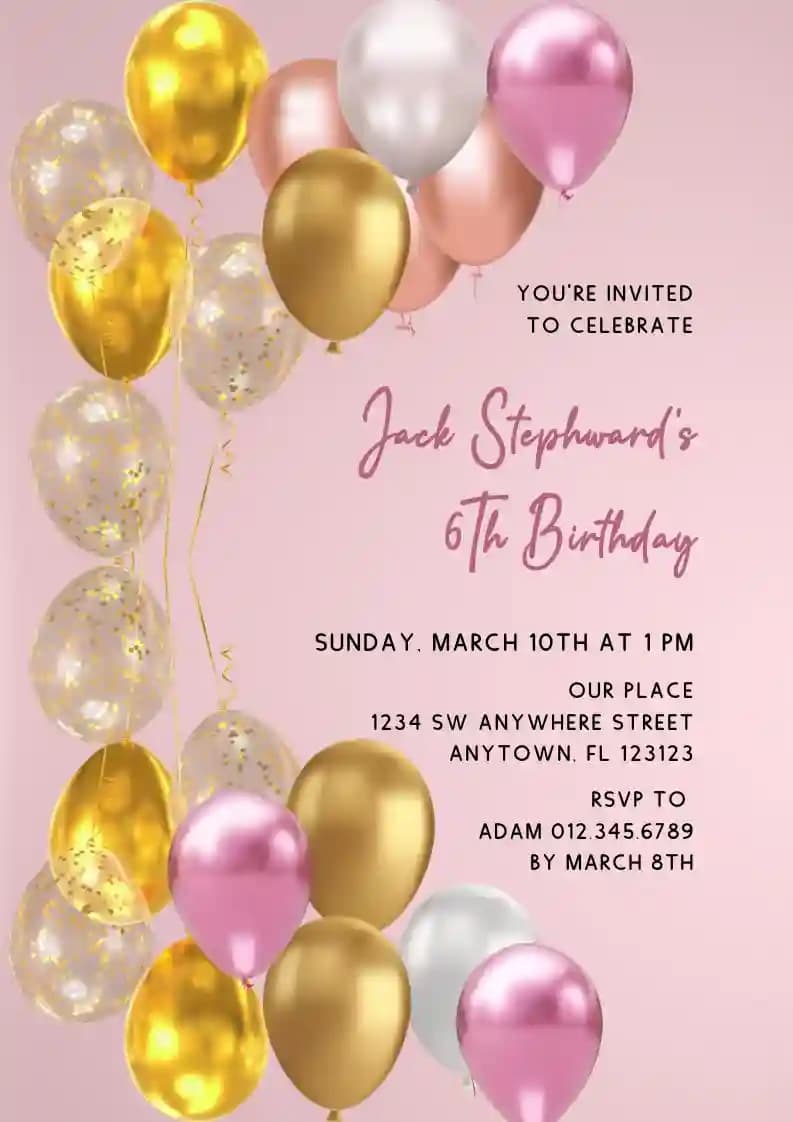 Invitaciones De Cumpleaños Infantiles - Globos Dorados