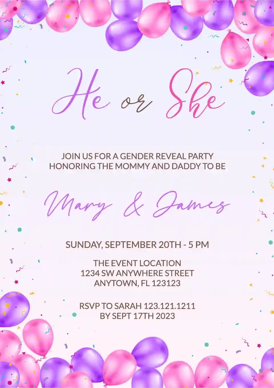 Invitaciones De Revelación De Género - Globos Morados Y Rosas.
