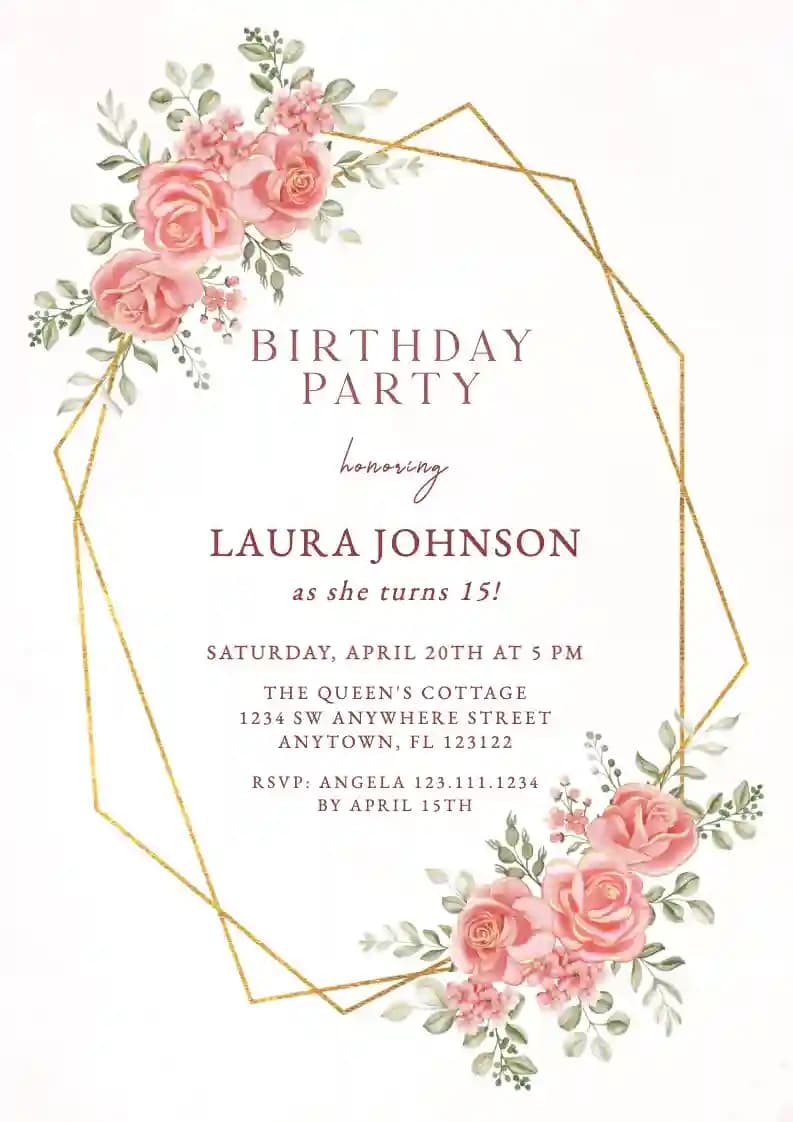 Teenage Birthday Invitations - Soft Flower Geometric Frame