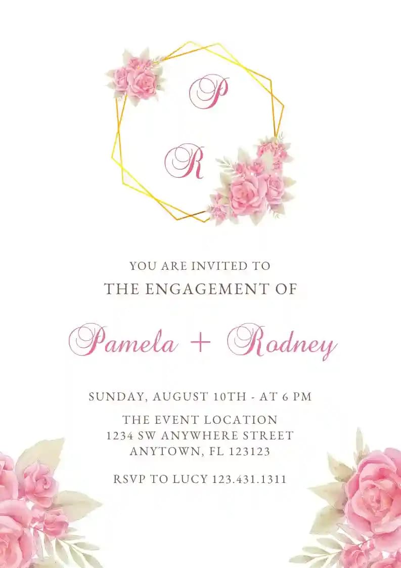 Engagement Party Invitations - Pink Floral Golden Polygon