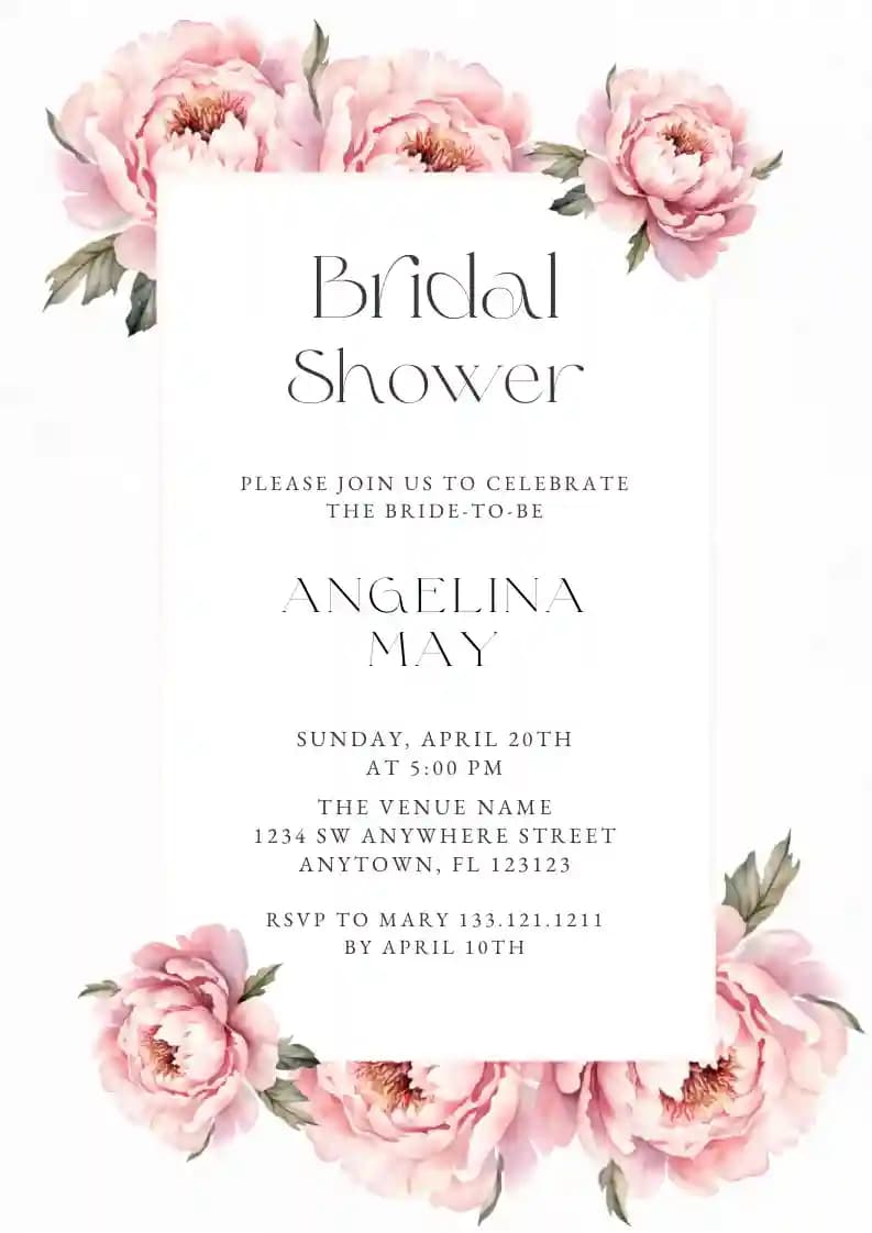Inviti Per Il Bridal Shower - Cornice Di Fiori Di Peonia Rosa