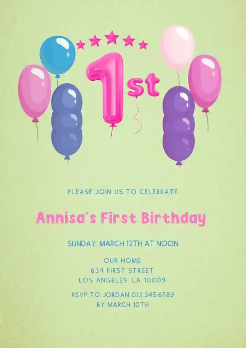 First Birthday Invitations - First Balloon
