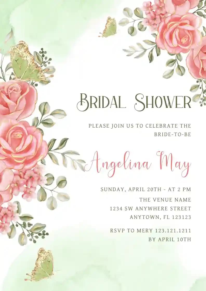 Inviti Per Il Bridal Shower - Farfalla Verde Con Rose Rosa